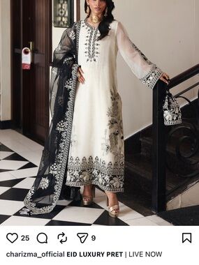 Charizma White & Black Embroidered Long Sleeve Dress